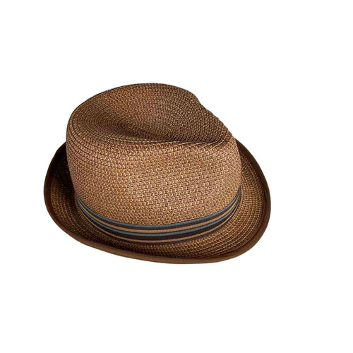 Coffee coloured hat with club ribbon. Light weight and fashionable.