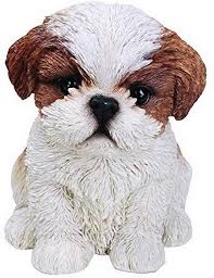 Statue of a brown and white Shih Tzu puppy.