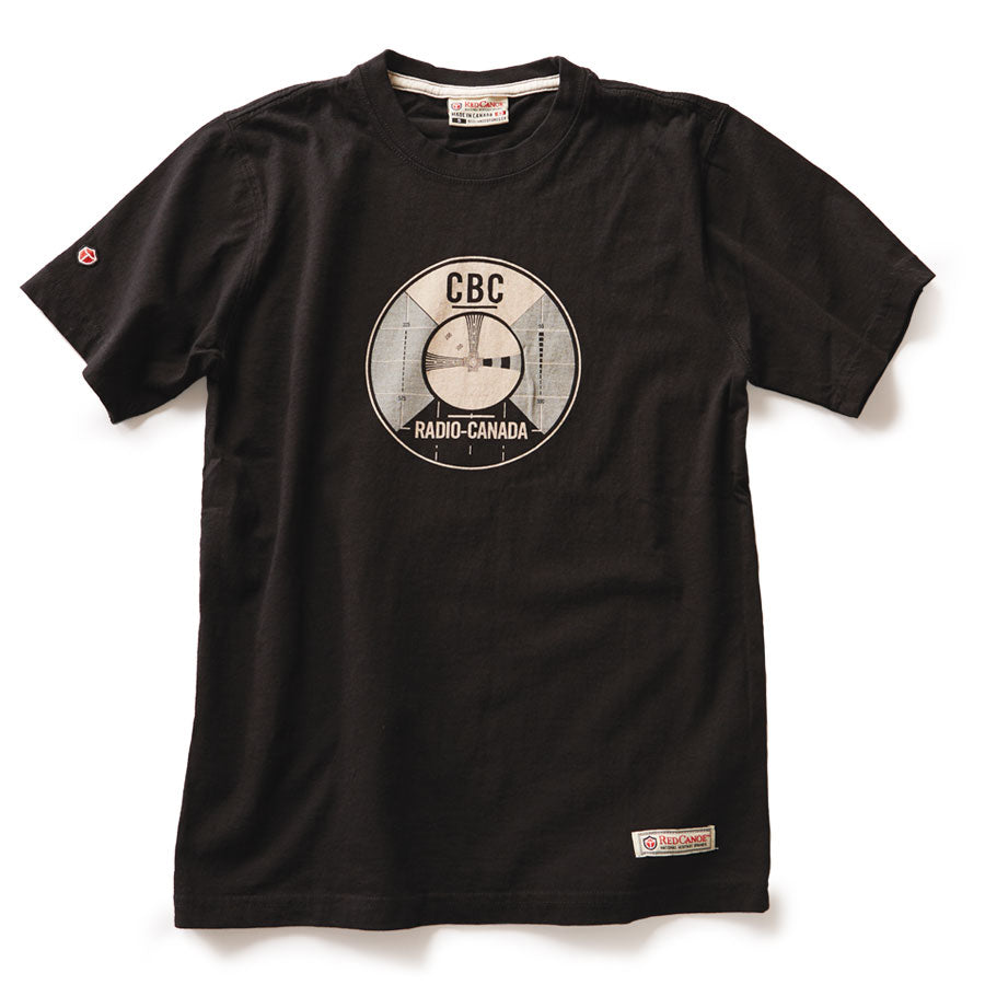 Front picture of t-shirt with CBC test pattern logo. Made from comfortable cotton.