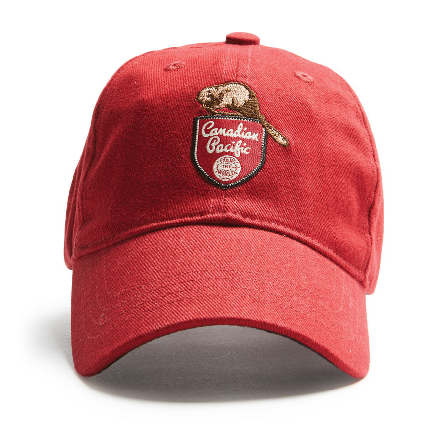 Canadian Pacific Red Ball Cap with a Canadian Pacific Logo with Beaver. Red in colour.