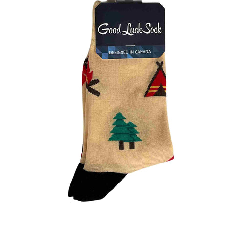 Socks with tree, tent and fire.