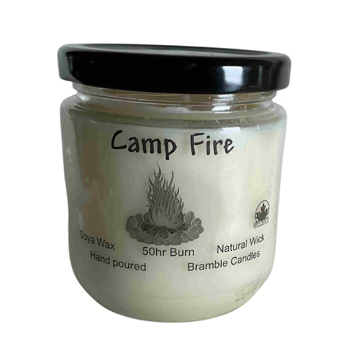 Locally made by Bramble Candles. Jar soy wax candle, camp fire scent.