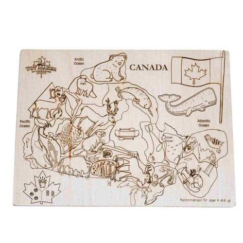 Wooden puzzle of Canada with native animals.