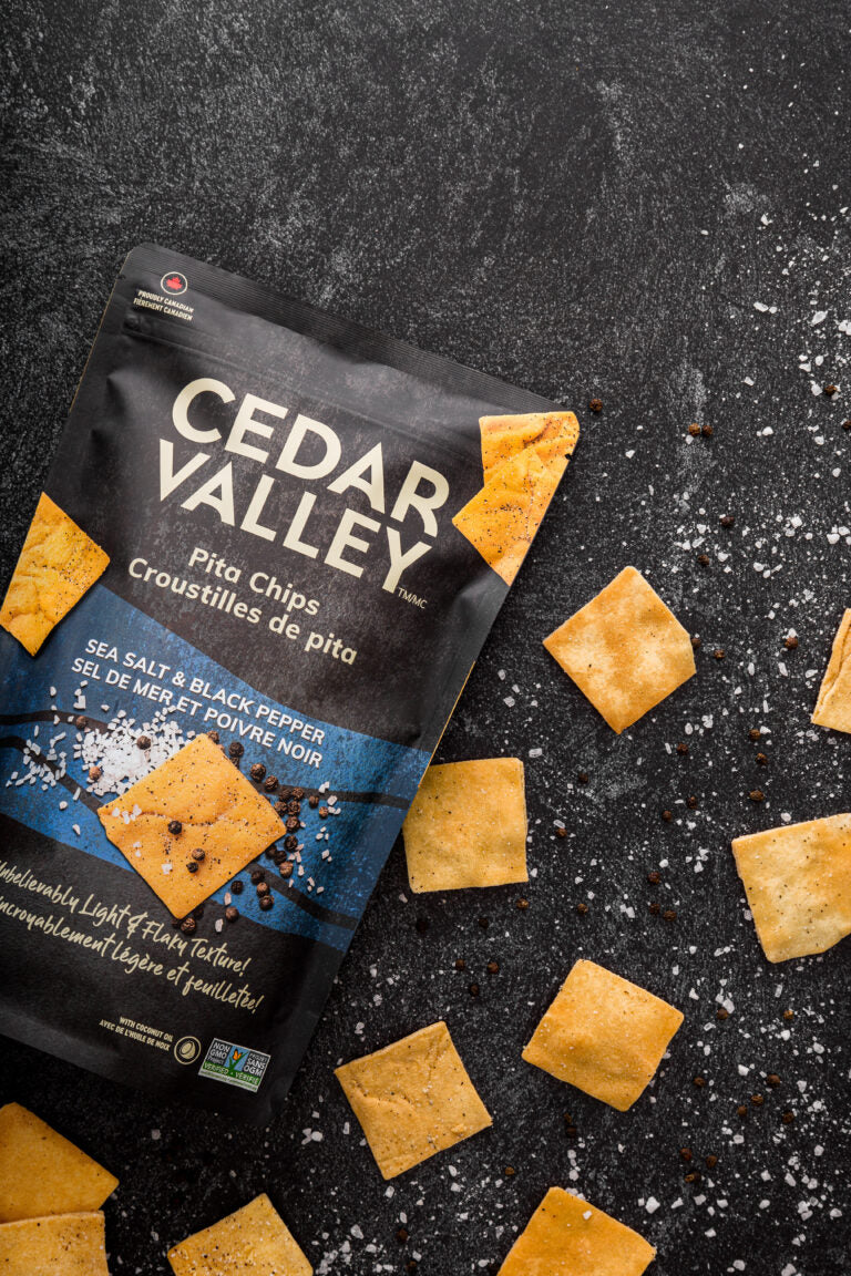 Bag of Canadian made sea salt and black pepper pita chips. Healthy ingredients that are plant based, soy free , no preservatives and no seed oils.
