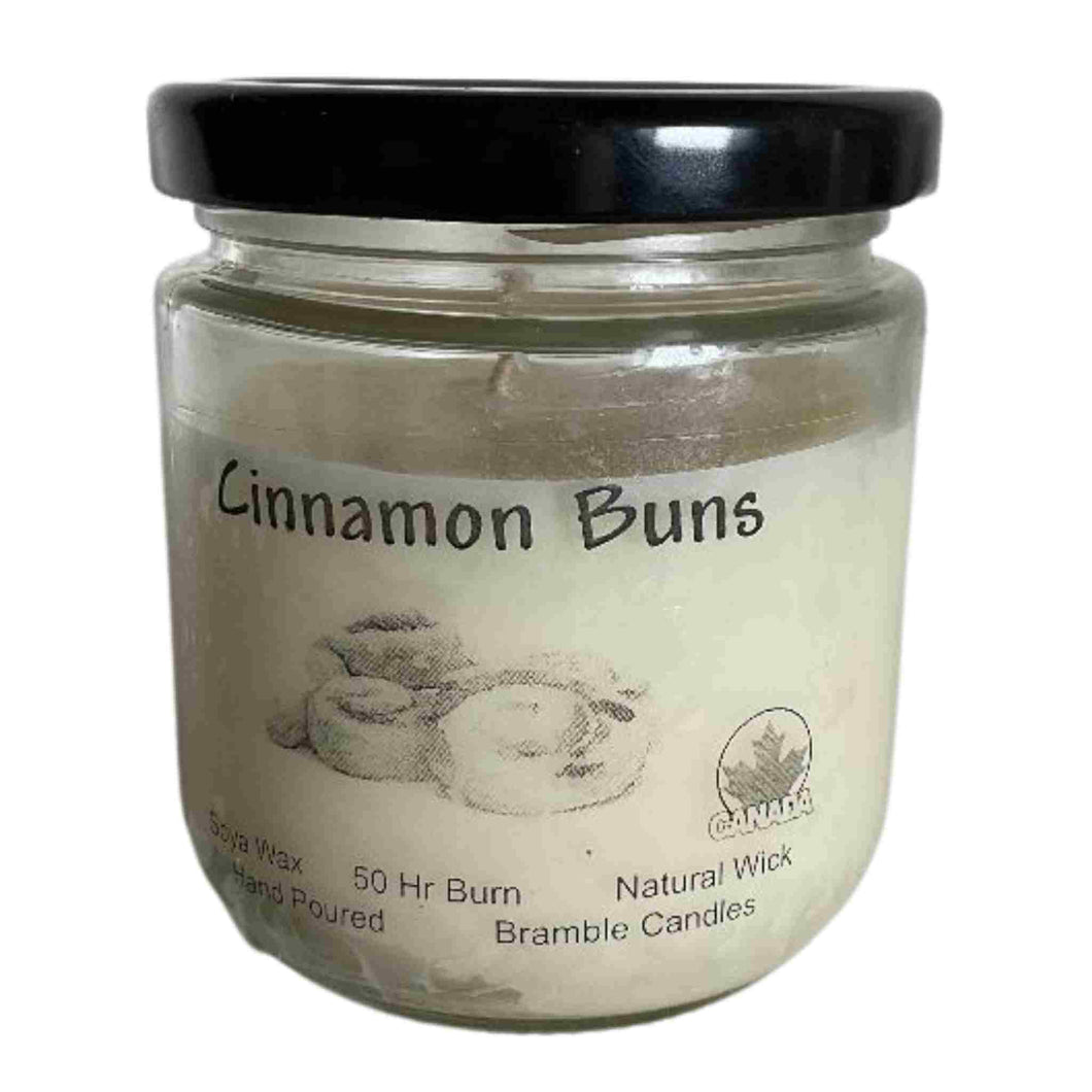 Locally made by Bramble Candles. Cinnamon Buns scented soy candle.