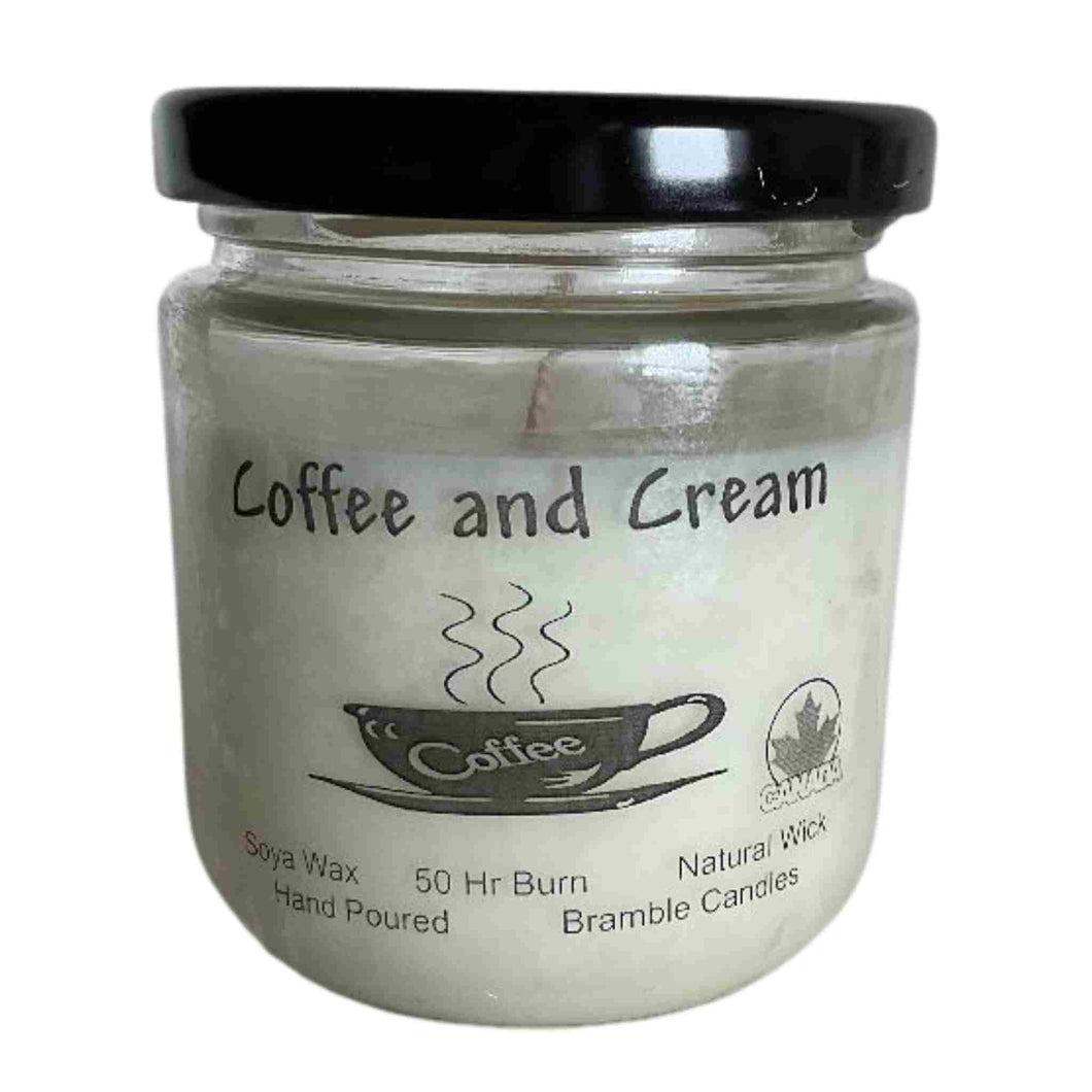 Coffee and Cream scented soy wax candle.