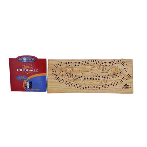 Wooden cribbage board with image of a fish.