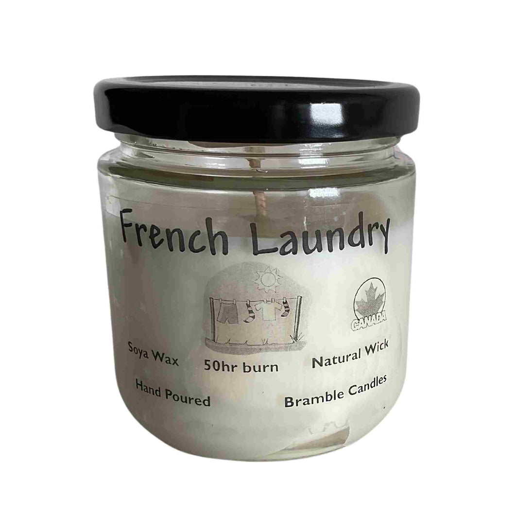 Jar soy candle, French laundry scent.