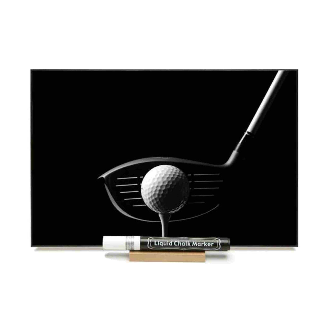 Photo chalkboard with photo of golf ball on tee and iron.