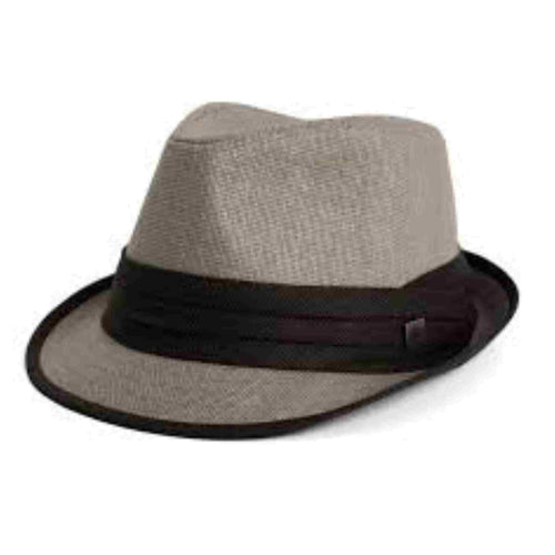 Linen grey fedora hat.