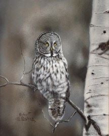 Canvas print of Great Horned Owl. Painting done by artist Robert Bishop.