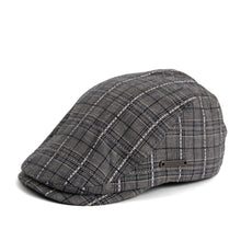 Load image into Gallery viewer, Grey linen  Ivy cap with a traditional flat-top design and duckbill brim with comfort inert. Side view of cap, made in Canada.

