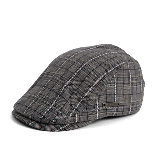 Grey linen  Ivy cap with a traditional flat-top design and duckbill brim with comfort inert. Side view of cap, made in Canada.