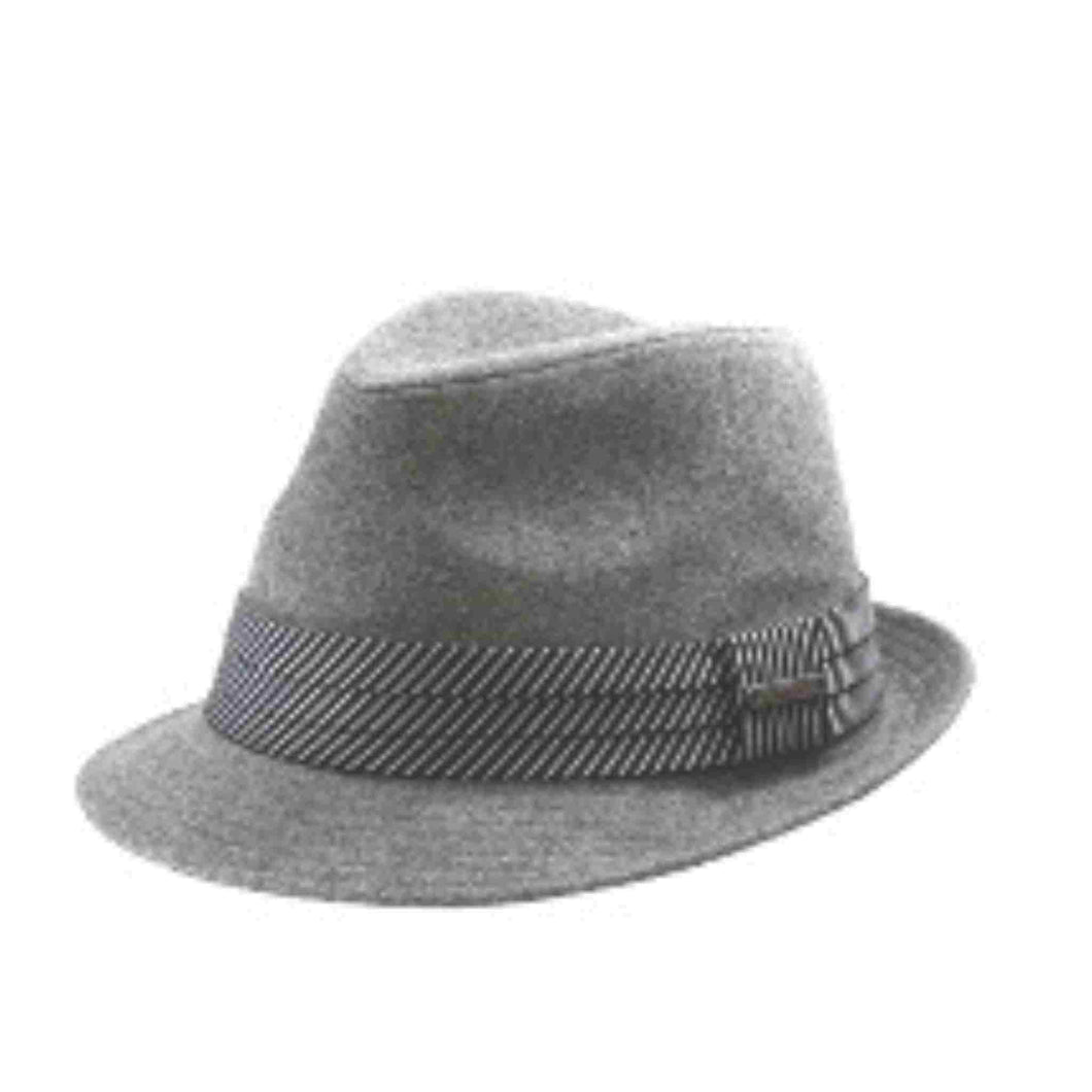 Grey fedora hat.