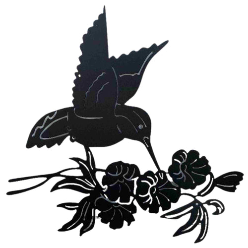 Metal work of a Hummingbird and flowers.