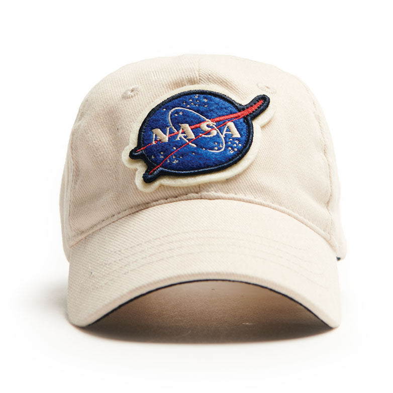 Child size ball cap,fits 3 months to 3 years. Made of 100% brushed cotton twill with double-layer felt appliqué Nasa.