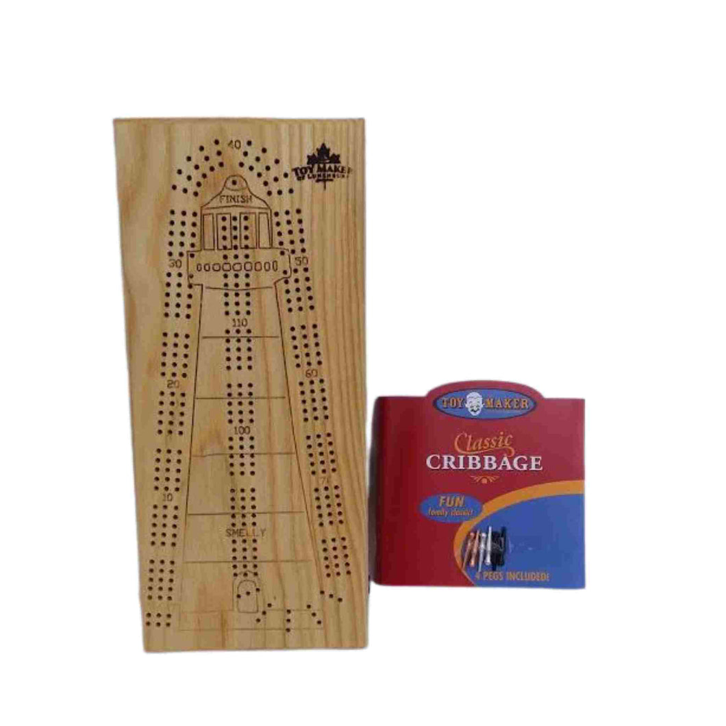 Wood cribbage board with outline of a lighthouse.