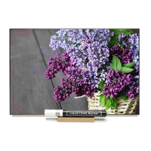Photo chalk board with image of lilacs.