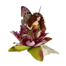 Load image into Gallery viewer, Beautiful pink handmade porcelain fairy sitting on a lotus flower.
