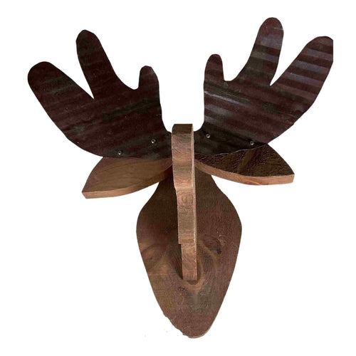 Moose head made from barn board and tin.