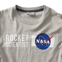 Load image into Gallery viewer, Front facing of shirt showin up close screen print of logo Rocket Scientist NASA,
