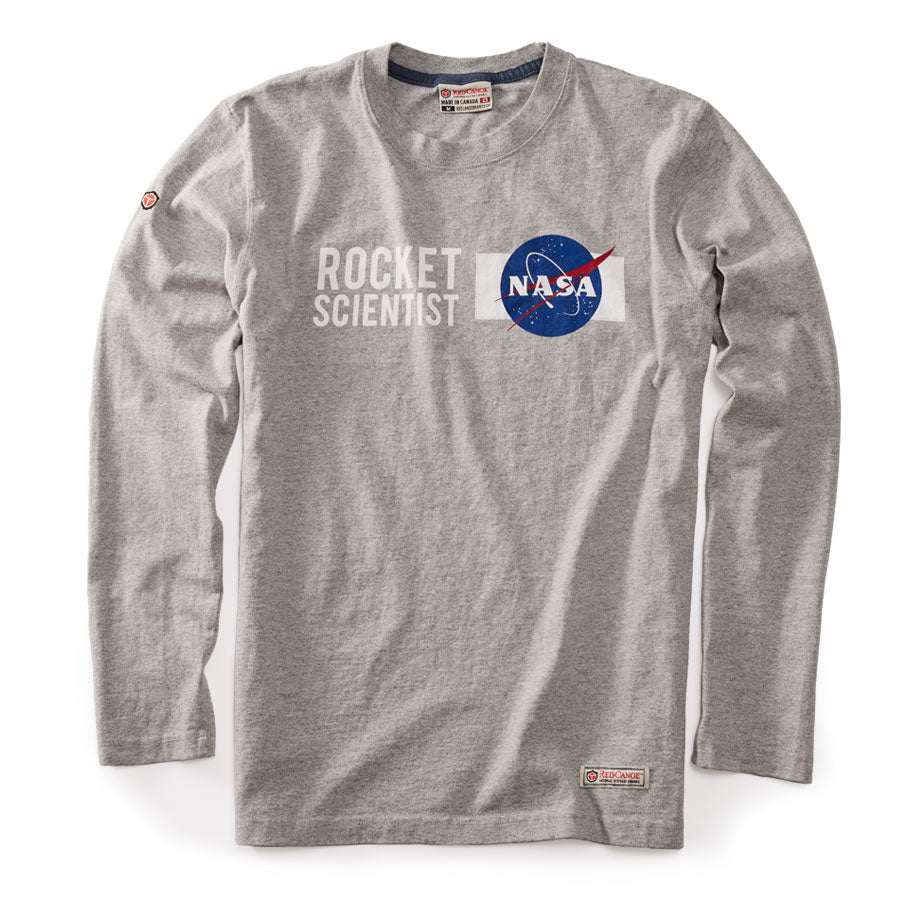Long sleeve shirt with NASA Rocket Scientist screen print on front.