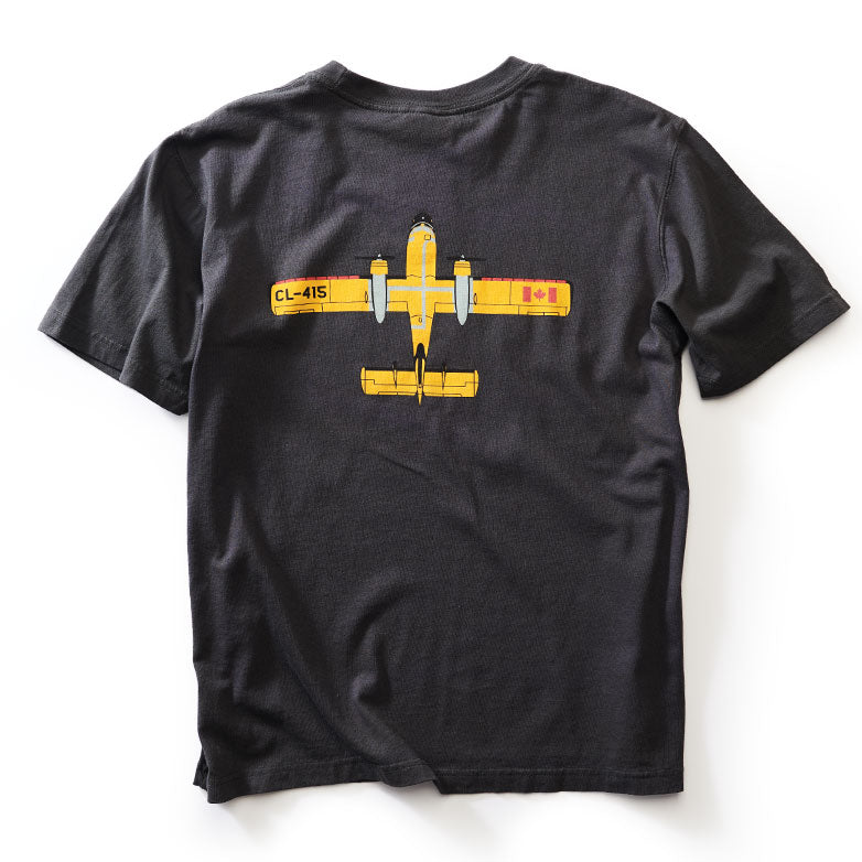 Bak of T- shirt with  the Canadair CL-215 was the first aircraft designed specifically for water bombing and we feature the Pratt and Whitney Turbine powered CL-415 on our cap and shirt.