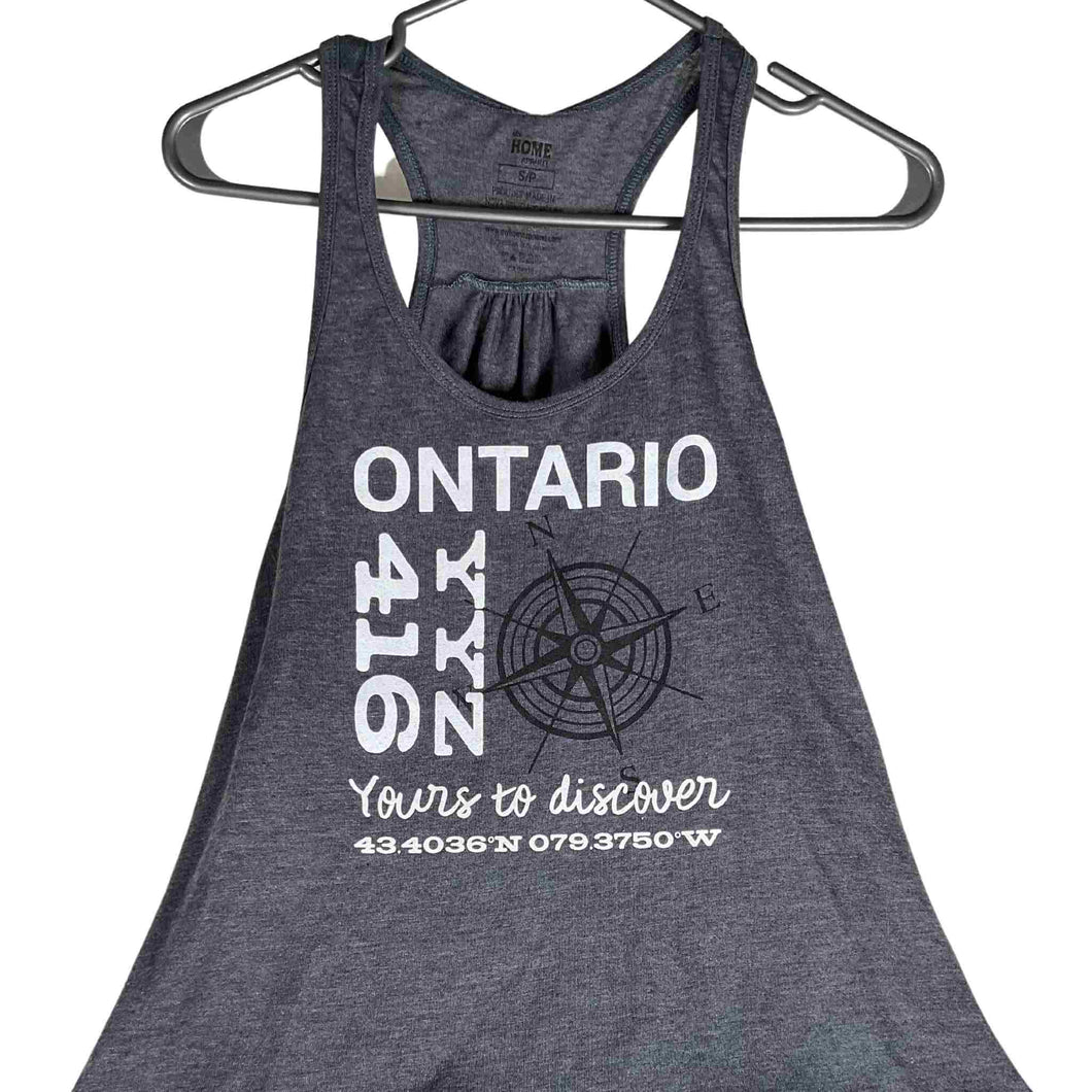 Women's grey racer back tank top with Ontario YYZ Screen printed on front.