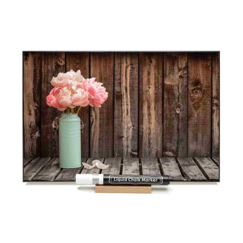 Chalkboard with photo of peonies with backdrop of barn board.
