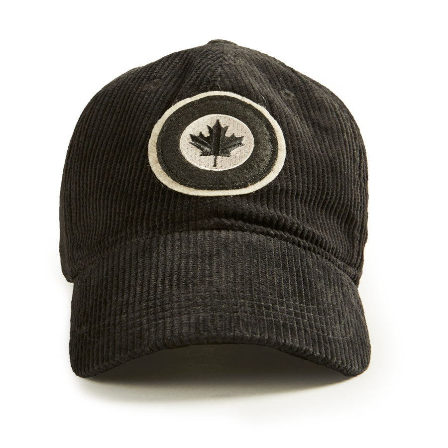 Ball cap made of 100% corduroy. Double-layer felt appliqué with round Canada flag.
