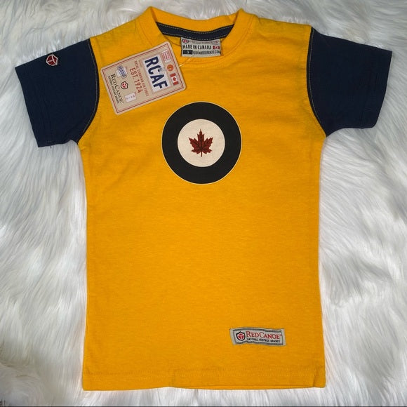 Children's RCAF burnt yellow and blue t -shirt. RCAF Logo is creen printed on front.