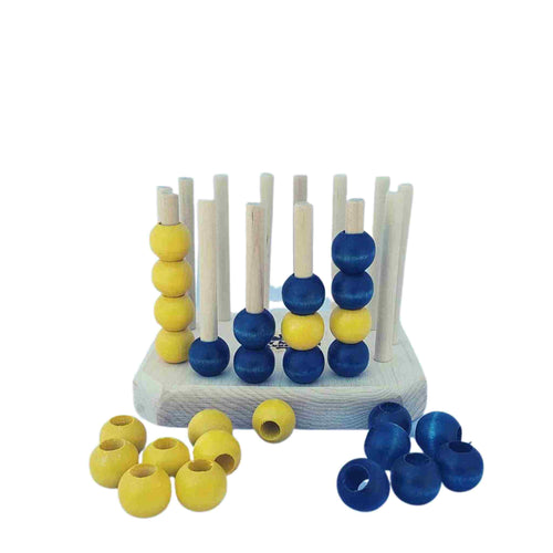 Wooden game with pegs to put wood beads on.