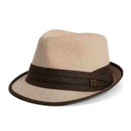 Linen tan fedora hat.