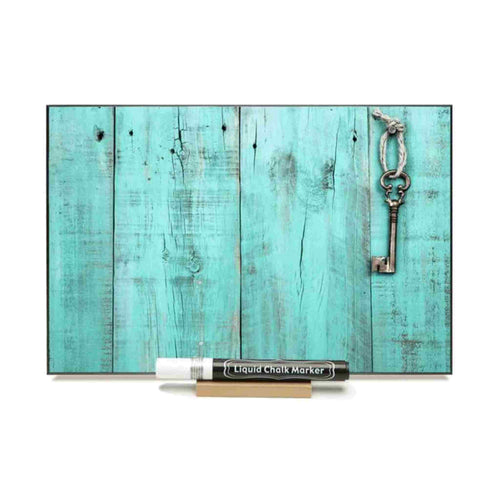 Photo chalkboard with vintage picture of teal barnboard and old key hanging.