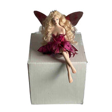 Load image into Gallery viewer, Sitting handmade porcelain fairy dressed in a wine coloured dress.
