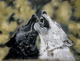 Canvas print of two Wolves howling. Painting done by artist Robert Bishop.
