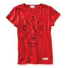 Load image into Gallery viewer, Heritage red women&#39;s t- shirt. Silk screen Canada on front of shirt.

