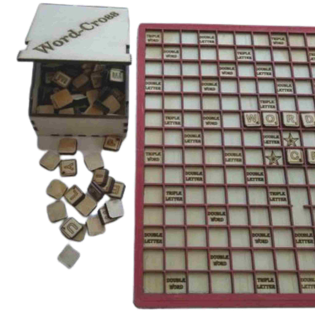Wooden board outline in red with letter tiles.