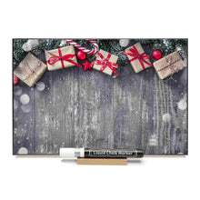 Load image into Gallery viewer, Photo chalk board with image of candy canes and presents on barn board.
