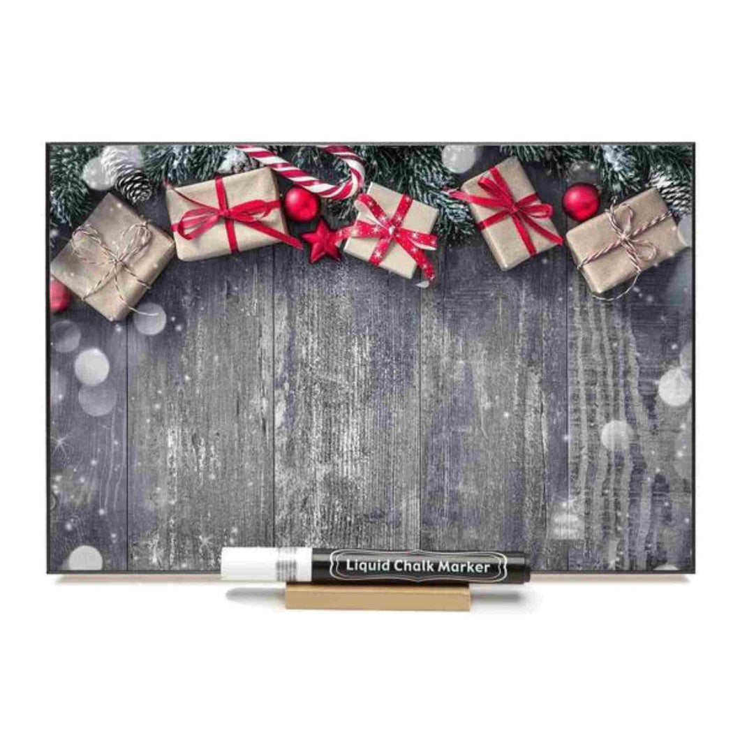 Photo chalk board with image of candy canes and presents on barn board.