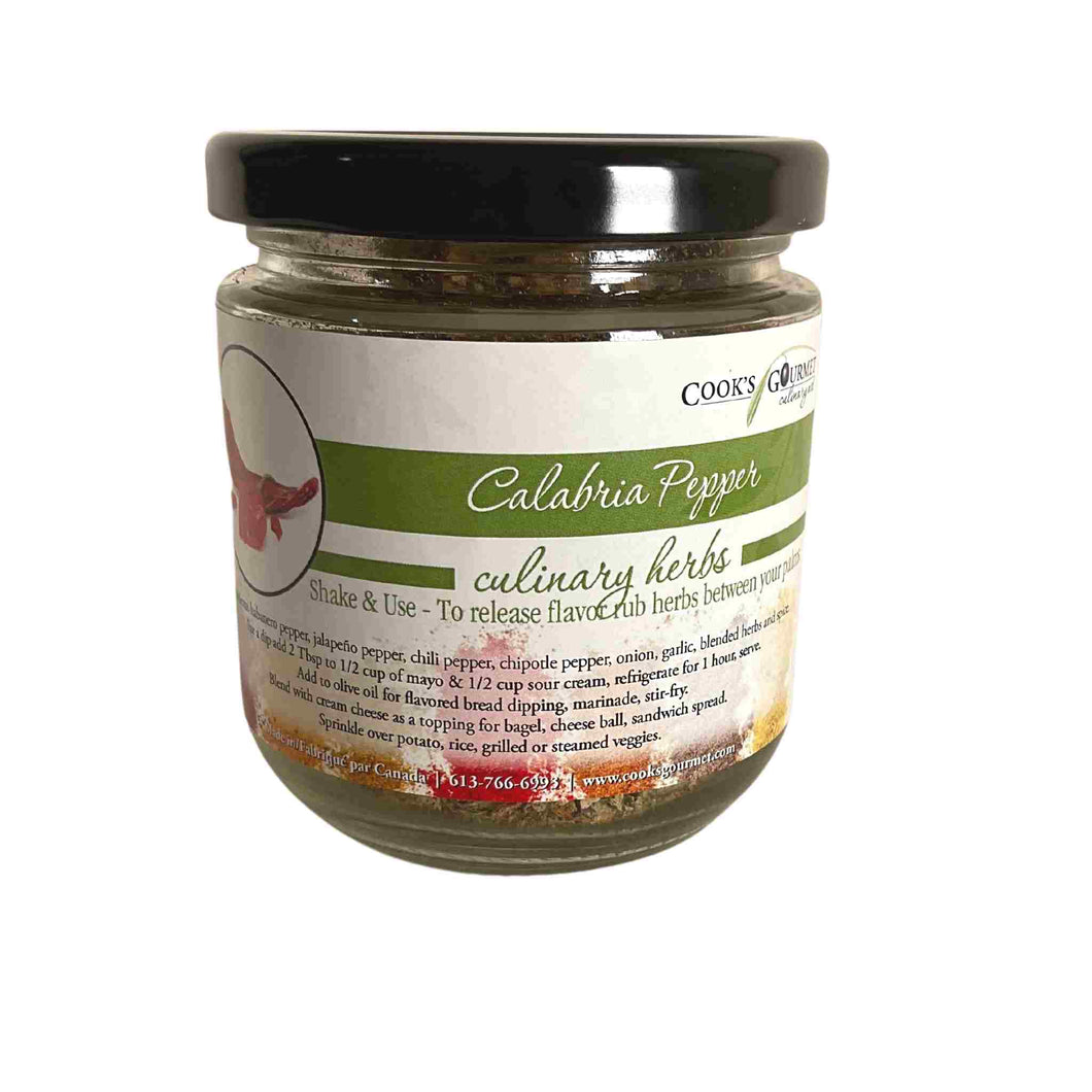 8 oz jar of blended herbs with main ingredient being calabria pepper. Spice up all meals or use as a dip.