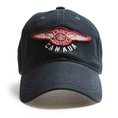 Canada Air Service ball cap with Felt appliqué logo with direct embroidery. Cap is dark blue.