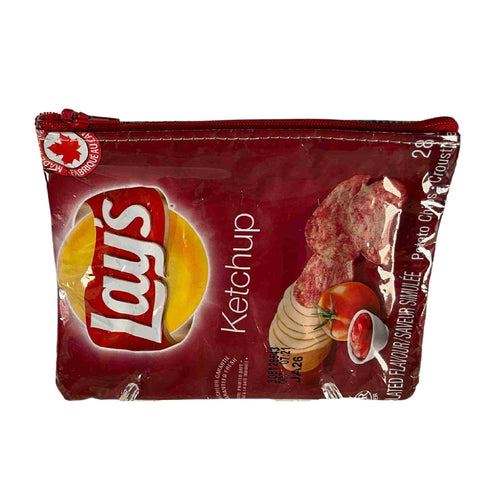 A small bag made with a Lay's Ketchup bag.